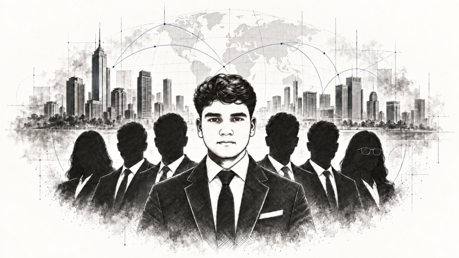 An editorial illustration of a group of professionals against a city skyline and connected world map.